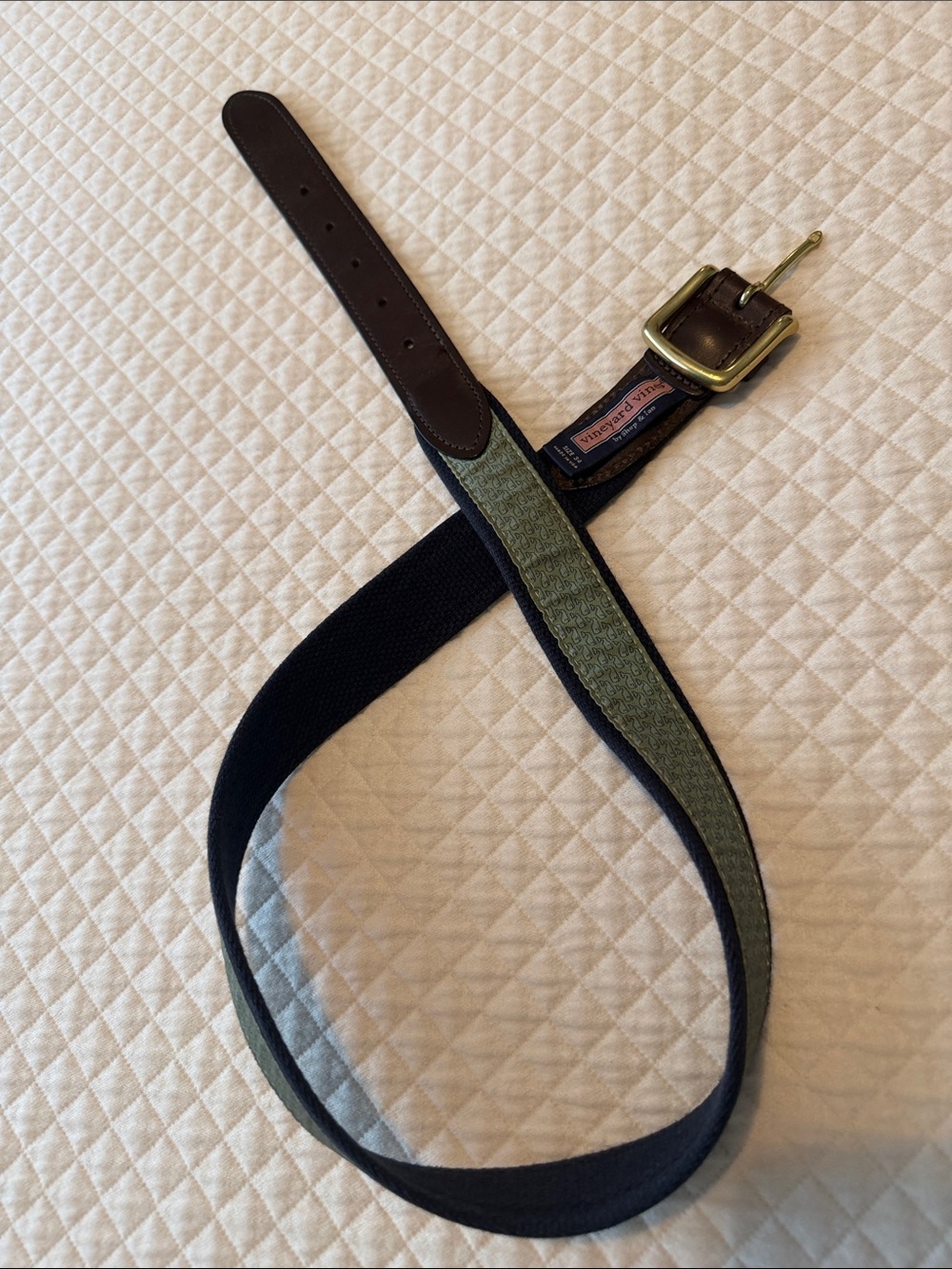 Vineyard Vines Green & Navy Canvas Leather-Trim Belt with Brass Buckle